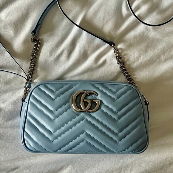 Authentic Gucci GG Marmont Calfskin Crossbody Chain Shoulder Bag Blue - Picture 2 of 14
